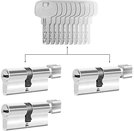 GERCAR Lot de 3 cylindres à bouton à fermeture identique, 3 cylindres de serrure 45/45, avec 15 clés - Serrures de porte à cylindre avec fonction N+G - Longueur : 90 mm A : 45 B : 45
