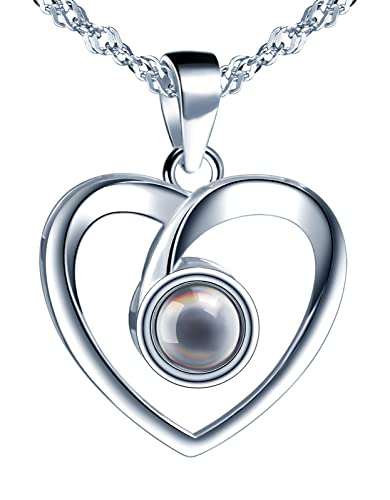 MOOFUN Damen Kette 925 Sterling Silber Halskette I Love You 100 Sprachen Ich Liebe Dich Projektion Herz Anhänger Schmuck Verpackung Geschenke für Frau Freundin Geburtstag Weihnachtstag Valentinstag