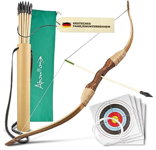 Abowllon® Pfeil und Bogen Kinder Sportgerät Set 15 Pfeile mit Gummispitze, Köcher, Tasche & 4 Zielscheiben | Bogenschießen Kinder | Für Rechts und Linkshänder