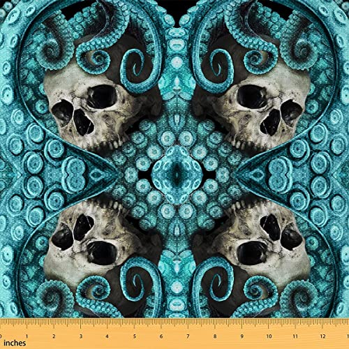 Loussiesd Krake Totenkopf Polsterstoff für Stühle,blaugrüner Oktopus Tentakel Skelett Stoff von der Werft,Dekostoff mit Meeresmotiven,Ozeankraken,für Polster und Heimwerkerprojekte,92x160cm,Blaugrün