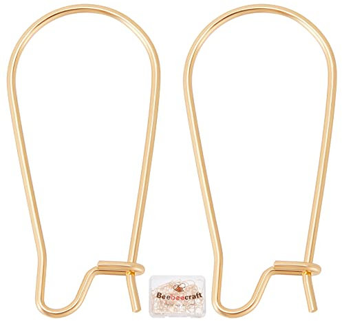 Beebeecraft 50Pcs/Box Kidney Earring Hooks 18K Gold Plated Kidney Ear Wires Earring Hooks 10.5x25mm Dangle Wire for Jewellery Making