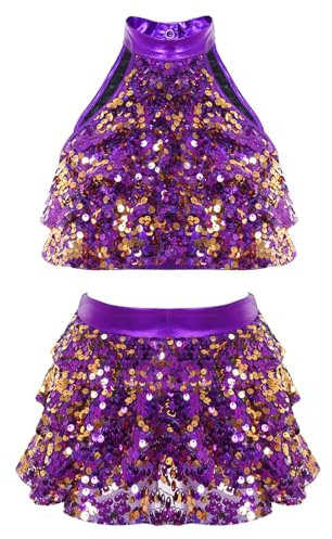 Freebily Vestito da Ballo Bambina Latino Americano Abito da Ballo Paillettes Tutu Crop Top con Gonna di Danza Classica Halter Vestito da Pattinaggio Jazz Salsa Rumba Samba Viola 13-14 Anni
