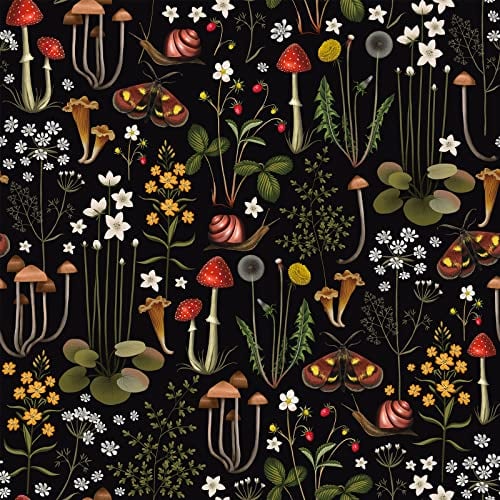 VEELIKE Tropische Tapete Blumen Fototapete Pilze Schnecke Blätter Blumentapete Schwarz Schrankaufkleber Vintage Mustertapete Dschungel Tapeten Wohnzimmer Möbelfolie Schlafzimmer Küche 44.5cm×300cm
