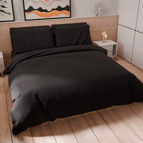 PETTI Artigiani Italiani - One and a Half Duvet Cover, Duvet Cover and Pillow Cases in Microfiber, Plain Black, 100% Made in Italy