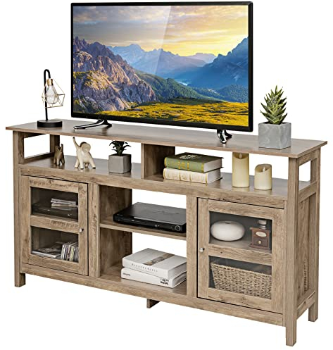 GIANTEX TV-Schrank TV-Board, Fernsehschrank Fernsehtisch für Fernseher bis zu 65 Zoll & Elektrokamin bis zu 18 Zoll, Lowboard TV Kommode Holz, TV Lowboard Sideboard 147×40×81 cm (Walnuss)