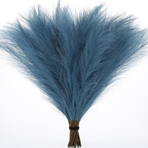Künstliches Pampasgras, Dekoration, 45 cm, flauschige künstliche Blumen, 6 Stück, Boho-Kunstpflanzen, fusselfrei, für Zuhause, Schlafzimmer, Hochzeitsarrangement, Federdekoration (blaugrau)