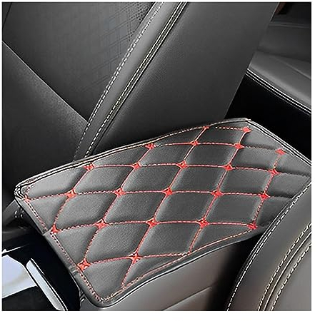 JNNJ Auto Mittelkonsolenpolster, Leather Car Armrest Box Pad, Mittelarmlehne Abdeckung Auto Armlehnen Mittelkonsole Schutz, Center Console Lederpolster(Schwarz/Rot)