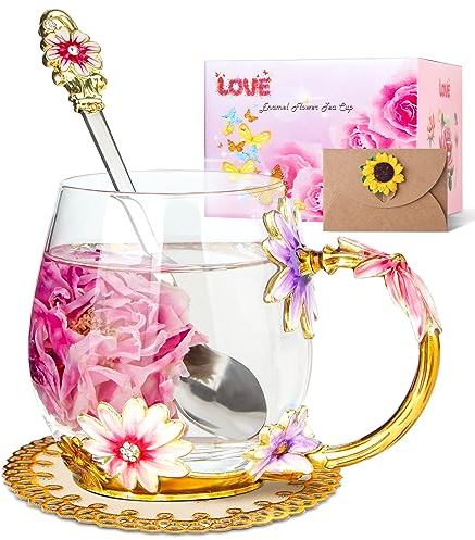 Homtibrm Birthday Gifts for Women Her Mom Teacher Friends Enamel Flower Tea Cup Glass Coffee Mug Gifts for Women Birthday,Mother's Day,Anniversary (Purple)