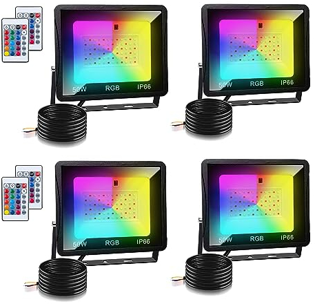 Gimisgu 4x50W RGB LED Strahler mit Fernbedienung, IP66 Wasserdicht Dimmbares Flutlicht, Farbwechsel 16 Farben 4 Modi mit Memory Funktion für Gärten Stimmungslichter (kein Stecker)