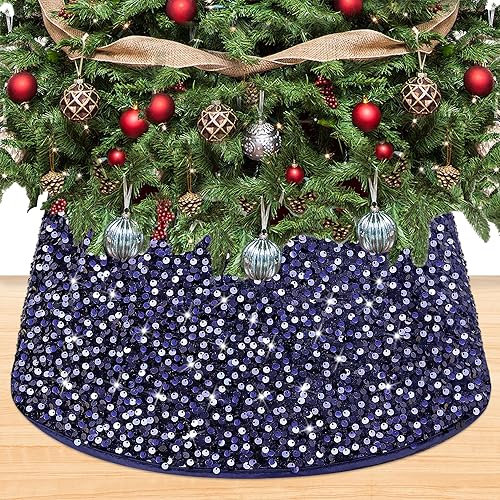 OMKSIH Collar de árbol de Navidad, collar de árbol de lentejuelas para árbol de lápiz, falda de árbol de Navidad azul marino, falda de árbol de Navidad de 23.6 pulgadas, cubierta inferior de