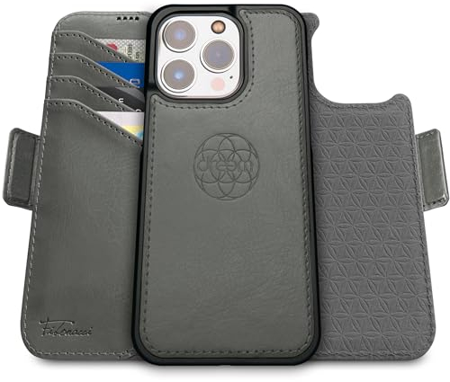 Dreem Fibonacci kompatibel mit iPhone 15 Pro Brieftaschen-Etui / 2-in-1 stoßfestes Etui und abnehmbares Folio aus veganem Leder, MagSafe-kompatibel, RFID-Schutz [Grau]