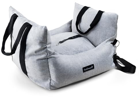 Furdreams Gemütliches Reise-Haustierbett, tragbar, Autositzerhöhung und Tragetasche, kurzer und Langer Gurt, Tasche, Leine, abnehmbares Kissen und wasserdichter Boden, für Hund und Welpen