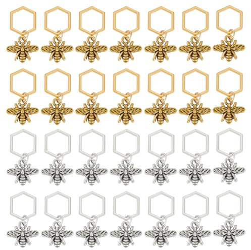 BENECREAT 40 Stück Antike Silberne Und Goldene Bienenstichmarker, Legierungs-Bienenanhänger Im Tibetischen Stil Mit Sechseckigen Verbindungsringen Zum Stricken Und Häkeln