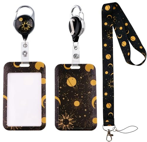 Schlüsselband mit Kartenhalter, einziehbarer Schlüsselanhänger mit Gürtelclip für Schlüssel, Glitzer-Planet