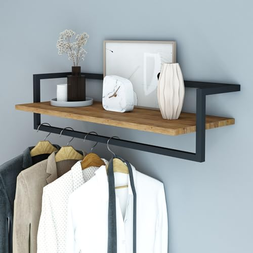 [en.casa] Portemanteau Mural avec Barre de Penderie et Étagère Portant pour Entrée Couloir Bureau Chambre Panneau de Particules Acier 80 x 30 x 20 cm Effet Bois Noir