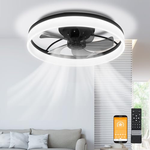 Tomshine LED Ceiling Fan with Lights, 6 Speeds, 3-Color Modern Bedroom Fan, Low Profile, Quiet, Dimmable, Remote & APP Control, 50CM