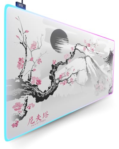 Nyfter - XXL Gaming Mauspad Sakura Weiß 900 x 500mm Premium Fuji Mousepad Size Groß vernähte Kanten langlebig mit high-end Glide und Anti-Rutsch Speed Gaming Mauspad (Premium Sakura White (RGB))