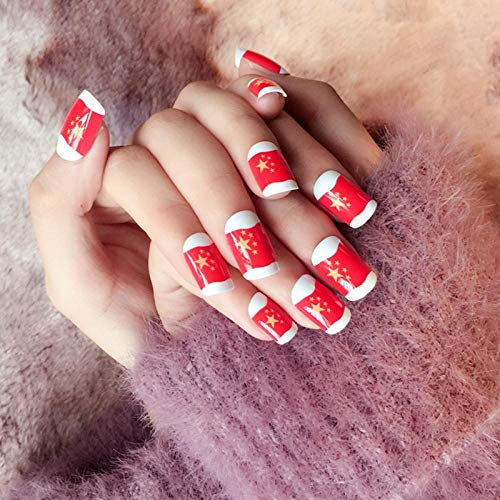HUJL False Nails Star Flag Fake Nails China red Flag White Ladies Acrylic Fake Nail Set 24pcs with Perfect Double-Sided Stickers