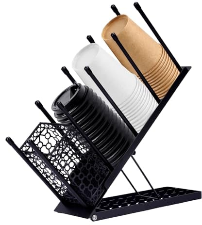 aleawol Cup Lid Holder with Straw Organizer, 4 Compartment Coffee Station Black Adjustable Countertop Coffee Station Bar Restaurant Breakroom Office