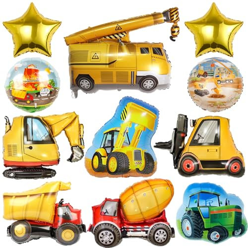 Bagger Luftballons Geburtstag Deko Junge - 11 Stück XXL Traktor Bagger Gabelstapler Kran Betonmischer Folienballons, Sterne Ballons, Baustelle Auto Geburtstagsdeko, Dekoration Zum Kindergeburtstag