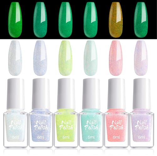 Glitter Nail Varnish Sets, 6PCS Pink White Shimmer Nail Polish Quick Dry Long Lasting, Luminous Nail Polish Sets for Women, Reflective Nail Polish Gel No Need UV Nail Paint for DIY Nail Art