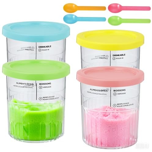 4 Stück Creami Behälter für Ninja Creami Deluxe Pints,Eismaschine Creami Zubehör mit Löffel und Deckel,Geeignet für Ninja NC500 NC501 Serie Creami Deluxe Behälter