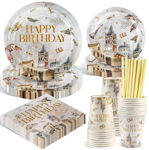 WenmthG Harry Geburtstag Deko - 100 Stück Magischer Wizard Partygeschirr Set - Kindergeburtstag Deko - Happy Birthday Deko Servietten Pappteller Becher für Mädchen Jungen