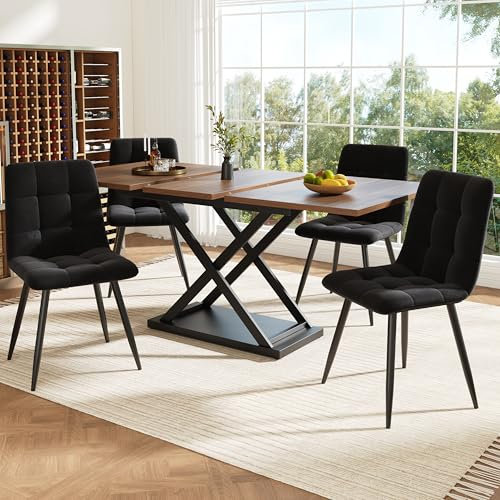 VSOGA Essgruppe 5-teilig – Ausziehbarer Esstisch 160x80 cm mit 4 schwarzen Samtstühlen, Nussbaum-Holztisch, modernes Design für Esszimmer & Küche