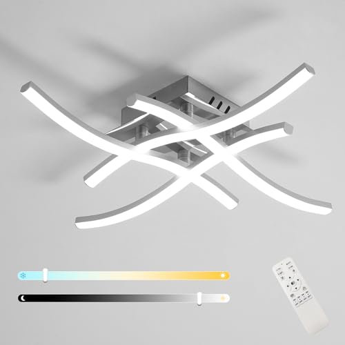 Plafonnier LED avec Télécommande, 28W Lampe de Plafond Dimmable Moderne avec 4 Barres Lumineuses 3000 k - 6500 k pour Couloir Chambre Cuisine Salon, Argent 45 * 45 * 8 CM