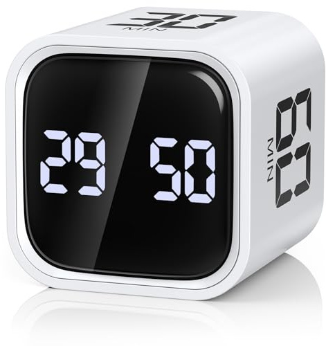 ORIA Temporizador de Cubo, Temporizador de Cocina con Sensor de Gravedad, 5/10/30/60 Minutos y Cuenta Atrás y Adelante Personalizada, Pantalla LED Grande, Volumen de 3 Niveles - Blanco