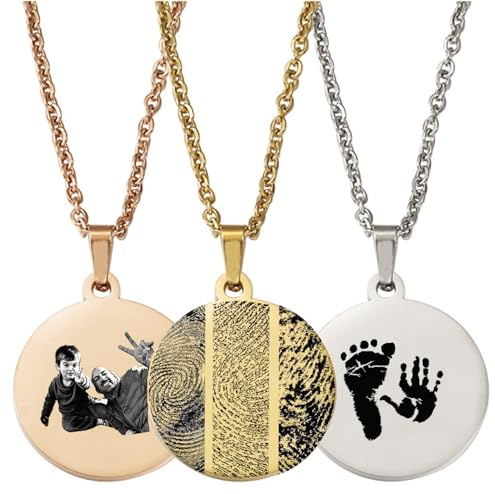 Personalisierter Schmuck – Gravur mit Foto, Kinderzeichnung, Hand-, Fuß- & Fingerabdruck, Pfoten- oder Nasenabdruck, Handschrift & Wunschtext – Rund Anhänger Kette aus Edelstahl – PS-Handmade