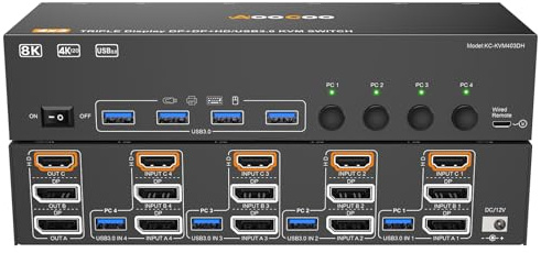 HDMI Displayport KVM Switch 3 Monitors 4 PC 8K@60Hz/4K@144Hz KVM Switches with USB 3.0 Port,Wired Remote,Power Adapter and USB3.0 Cables Included
