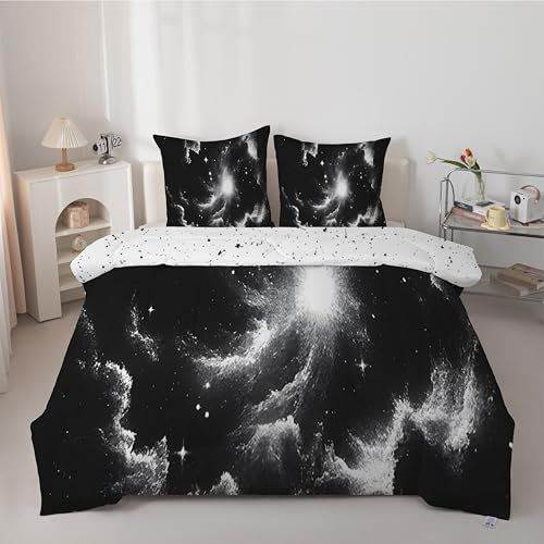 dyausi Sternenhimmel Bettdecke 200x200cm - Schwarz Weiß Bettdecke 4 Jahreszeiten - Leichte Ganzjahresdecke mit 2 Kissenbezug - Waschbare Wende Steppdecke - Universum Sterne D76