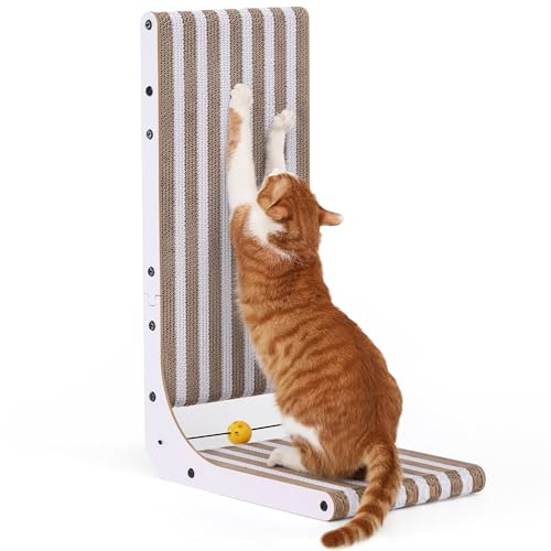 FUKUMARU Rascador para gatos, 68 cm en forma de L, almohadilla para rascar gatos, patrón de tiras, poste rascador para gatos montado en la pared, rascador de gatos de cartón con juguete de bola para
