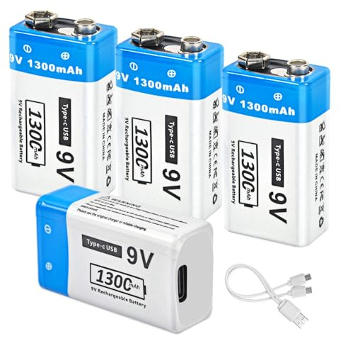 9V Battery, 1300mAh Li-Ion Rechargeable 9 Volts Block Batteries for Measuring Instruments, Remote Controls, Medical Equipment, Medical Equipment and More Cable Includes, 4 Packs