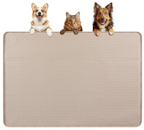 Bartuke Dog Bowl Mat,40x28Large Silicone Pet Feeding Mat with Raised Edge | Non-Slip Dog Mat XL for Food and Water Bowls, Rubber Pet Food Placemat for Dogs, Waterproof, Easy to Clean, 101x71cm, Khaki