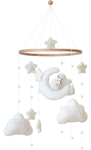 Mobile Baby Holz Mobile Babybett Bettglocke Windspiel baby mit Mond Wolken Sterne Baby Mobile Spielzeug, Babyzimmer Dekoration Geschenk für Mädchen Jungen(CC)