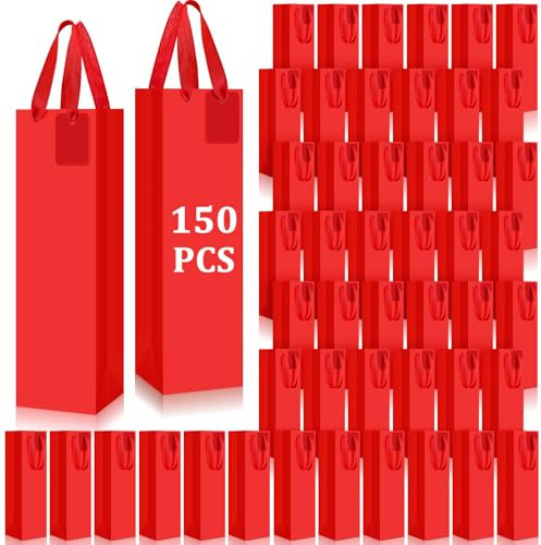 Windyun Paper Wine Gift Bags with Handle Reusable Small 13.8x3.5x3.9 Inches Liquor Bottle Totes Bulk with DIY Blank Thank You Tags for Birthday Wedding Christmas Holiday Party(150 Pack,Red)
