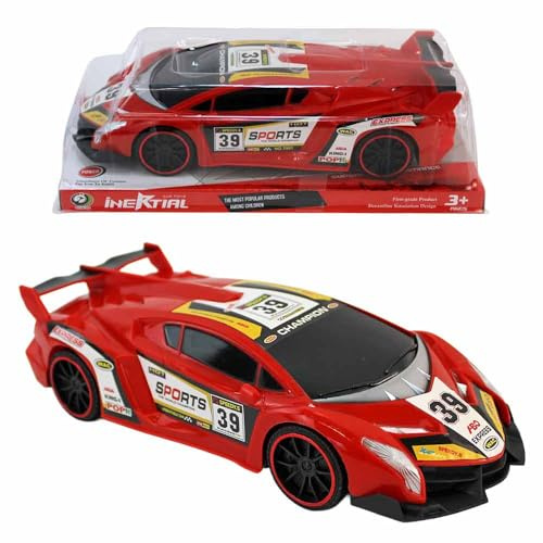 BEMIRO Spielzeugauto Sportwagen mit Rückziehmotor – 27 cm groß – detailreiches Rückziehauto mit Renn-Stickern – Spielzeug ab 3 Jahren für Kinder – Pullback-Auto Rennwagen (Rot)