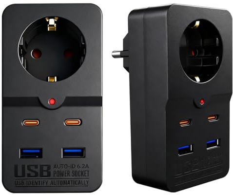 USB Steckdose, 5-in-1 USB Stecker Steckdose mit 2 Typ-A 2,4A | 2 Typ-C Port 2.4A, Steckdosenadapter Schwarz mit Kontrollleuchte für Zuhause, Wohnheime, Büros und Reisen