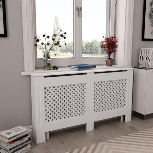 ACAGALA Heizkörperverkleidung | Heizkörper Abdeckung mit Vertikal Lamellen & Ablagefläche MattWeiß MDF | Heizungsabdeckung Für Schlafzimmer, Büro | 152 x 19 x 81,5 cm