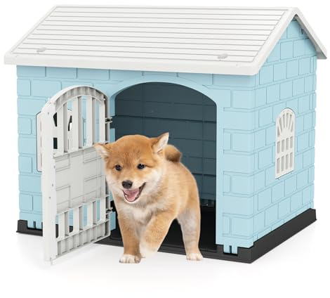 GOPLUS Hundehütte Outdoor, Hundehütte wetterfest mit abschließbarer Tür, 3 Fenster, geneigtes Dach, Hundekäfig Indoor, Haustierhaus Zuhause für kleine bis mittelgroße Hunde & Katzen (Blau)