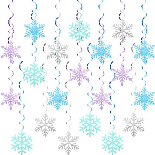 ZenyTra 20 Stück Schneeflocken Spiralen Deko - 4 Farben Mix Set (Je 5x Blau, Silber, Grün, Lila) Wirbel Girlande Deckenhänger für Frozen Party, Winterfest, Karneval & Weihnachtsdekoration