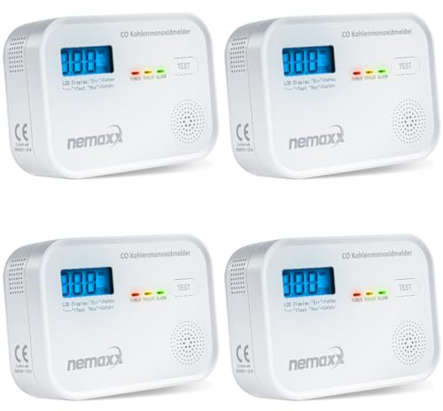 NEMAXX® CM18 Kohlenmonoxid-Melder/CO-Warnmelder mit LCD-Display – 85 dB, elektrochemischer Sensor, EN 50291-1:2018, Testtaste, 3X AA LR6-Batterien, 10 Jahre Produktlebensdauer – 4er Set
