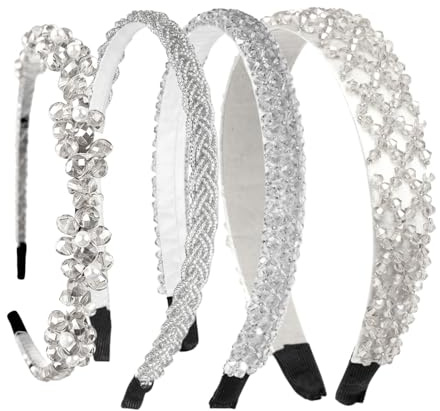 4 Stück Haarreifen Damen, Haarreifens Haarschmuck Kristall Stirnbänder Champagnerfarbe Glitzer Strass Haarband Damen Prinzessin Haarreifen für Hochzeit Kommunion (Weiß)