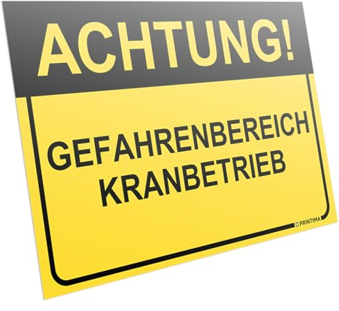 PRINTIMA Warnschild „ACHTUNG! Gefahrenbereich – Kranbetrieb“ 32x21cm – Sicherheits-Hinweisschild aus Kunststoff mit Montagedübeln – Baustelle Schild Krangefahr Bereich