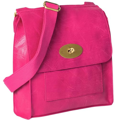 Mabel London Women's Cross-Body Bags Leather Large/Medium Twist Lock Cross Body Messenger Bag Turnlock Shoulder Bag - Nadia (Hot Pink)