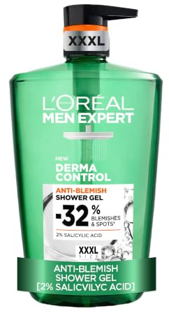 L'Oréal Paris Men Expert Shower Gel Derma Control Anti-Blemish XXXL 1L Pump | Formulated with 2% Salicylic Acid, Shower Gel Body Wash To Visibly Reduce Blemishes, For Smoother Complexion, XXL