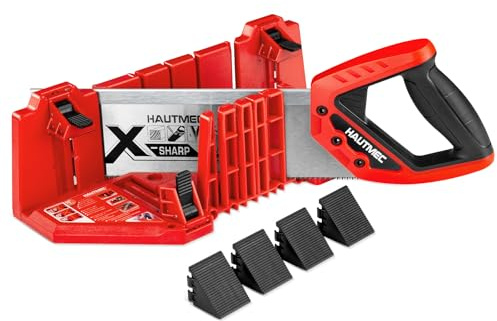 HAUTMEC Clamping Mitre Box and Saw Set, 12-Inch Back Saw with Reinforced Spine for Straight Cutting, 14-Inch Adjustable Miter Box with 4 Bevel Clamps for 22.5°, 45°, 90° Precision Cuts – HTHDM25038