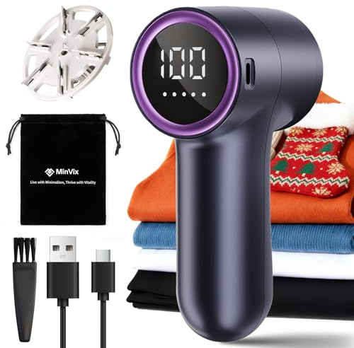 MinVix® Bobble Remover for Clothes, Rechargeable Lint Remover, Electric Fabric Shaver, Debobbler Clothes Shaver with LED Display & 5 Speeds, Fuzz/Fluff/Pilling Defuzzer for Wool Jumper, Knitwear, Sofa